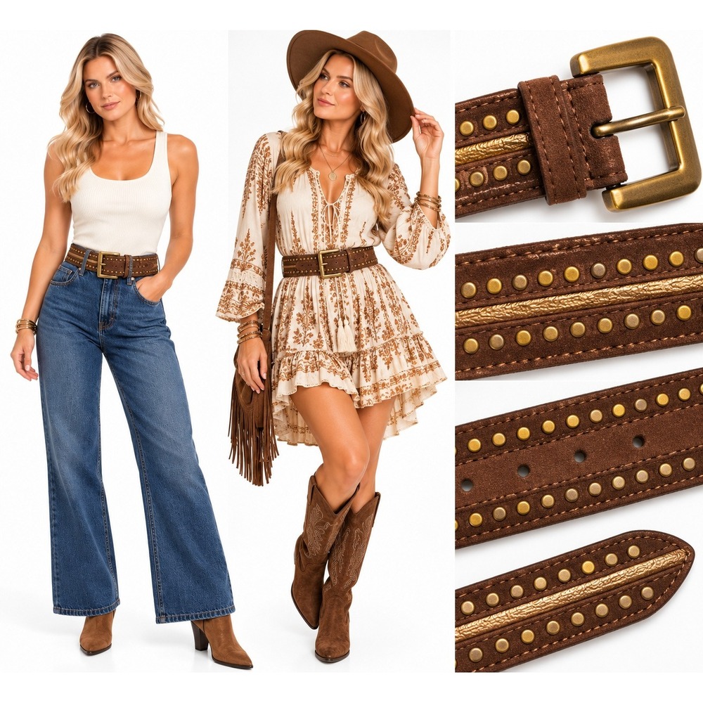 Michael Kors S Brown Suede Gold Studded Leather Belt Western Boho Equestrian